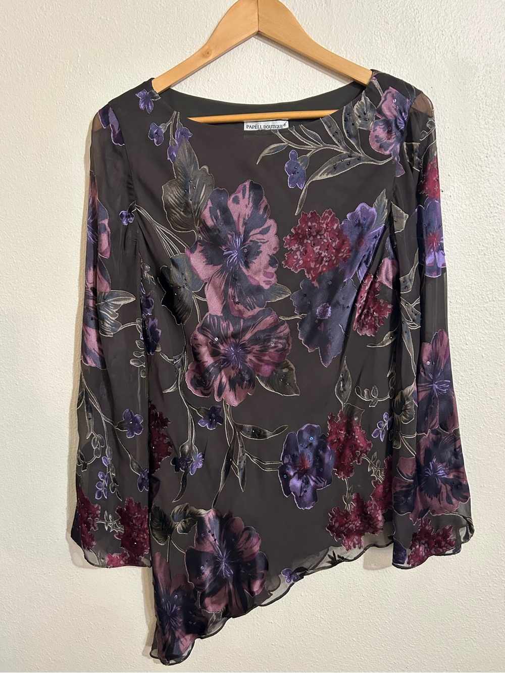 Y2K Papell Boutique Dark Floral Asymmetric Fairy Long-Sleeve Beaded Top Whimsy